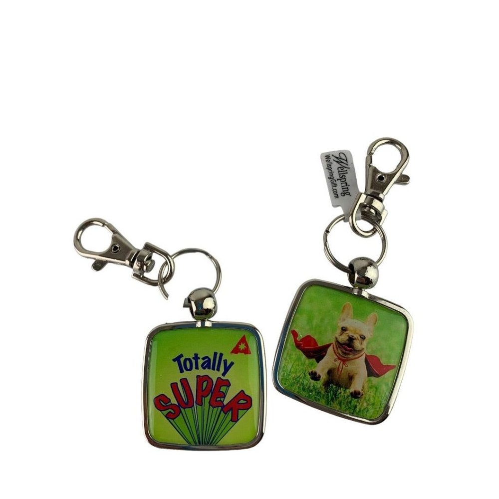 Wellspring Set of 2 New "Totally Super" Clip Key Chain Puppy French Bulldog New